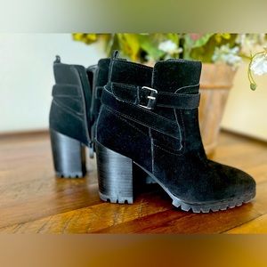 STEVEN Womens Black 3/4" Platform Isra Round Toe Block Heel Leather Booties